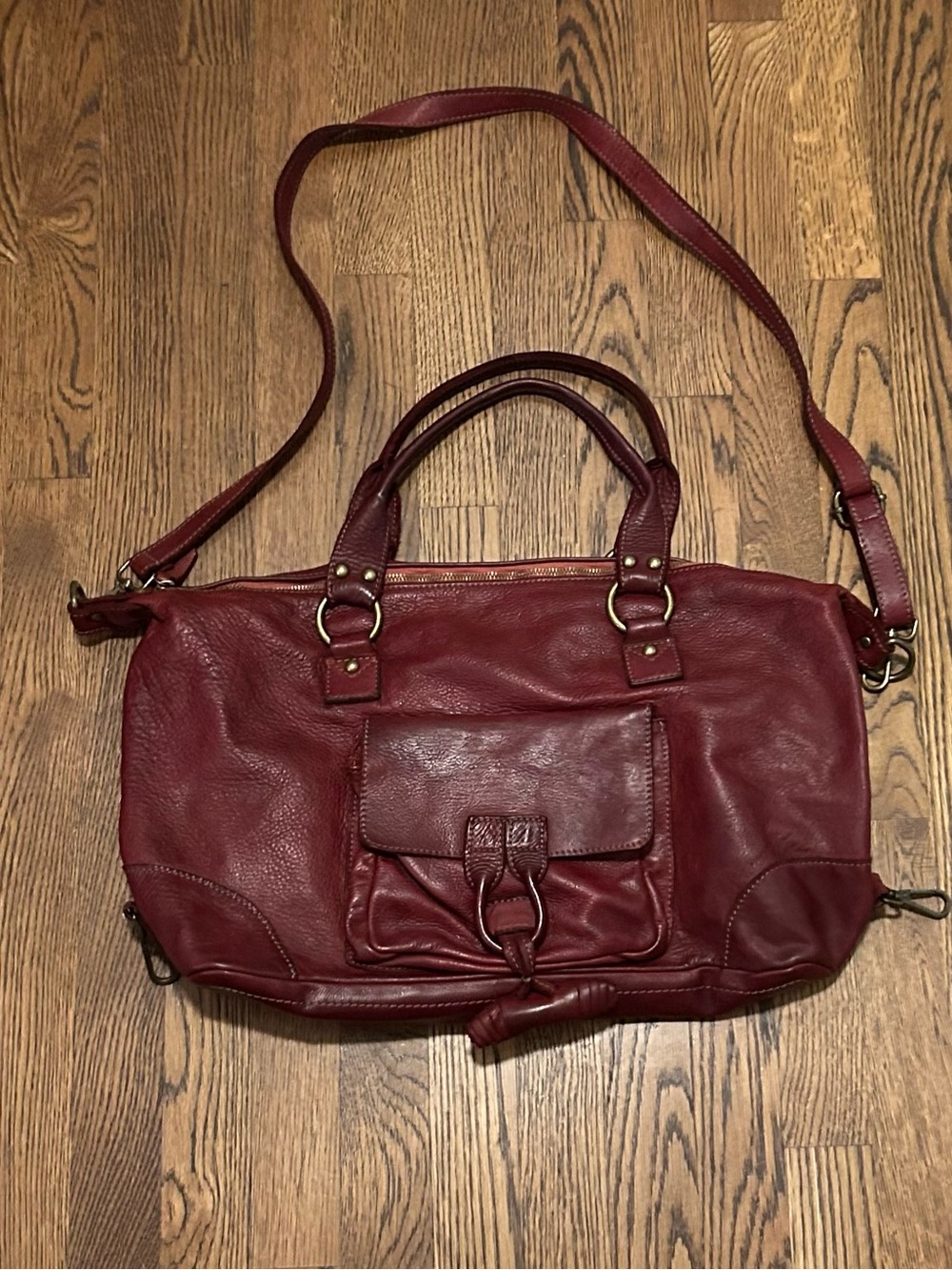 Women's Fall Burgundy Leather Satchel with Front Pocket and Crossbody Strap